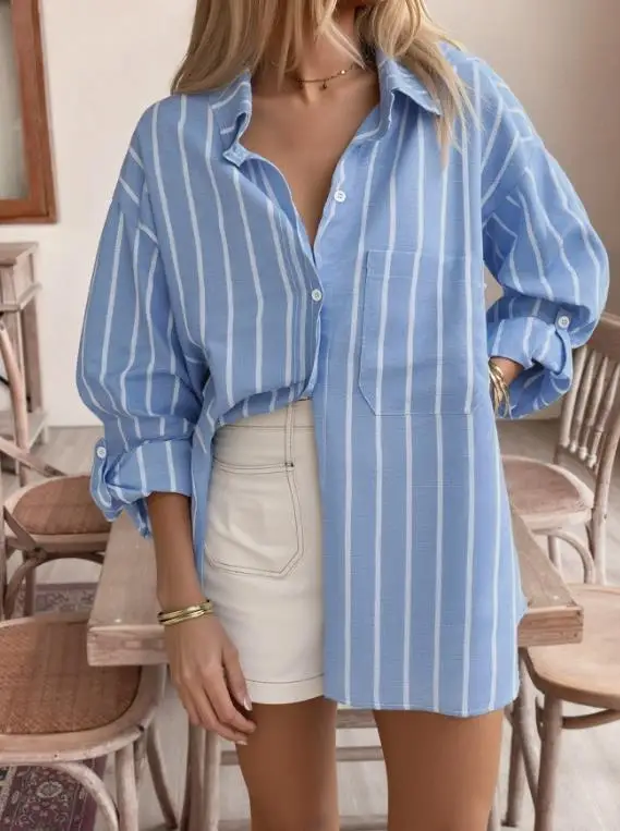 

Women's Casual Style Loose Collar Cardigan Striped Shirt 2025 Autumn New Fresh Jacket