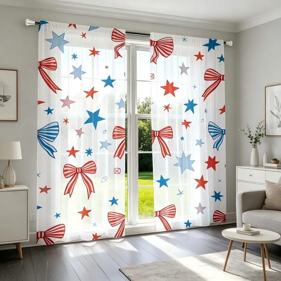 2PCS Digital Print Sheer Curtain, American Star Knot Patriotic Vintage Window Drapes for Living Room Bedroom Home Decor