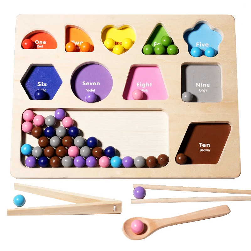 Baby Montessori Rainbow Wooden Toys Color Sorting Bead Clipping Game Educational Learning Math Toys For Kids Fine Motor Training