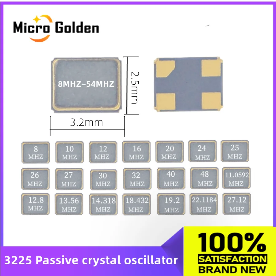 (50 pcs) 3225 Passive Crystal Oscillator SMD 3.2*2.5mm 8MHZ 10MHZ 12MHZ 16MHZ 20MHZ 24MHZ 25MHZ 26 27MHZ 30MHZ 32MHZ 40Mhz tcxo