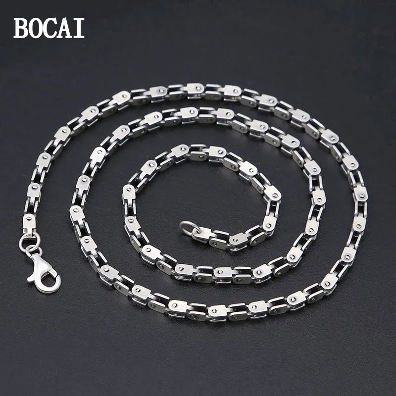 

BOCAI NEW S925 Sterling Silver Vintage Fashionable Domineering Men's Necklace Bold Square Bamboo Chain Gift