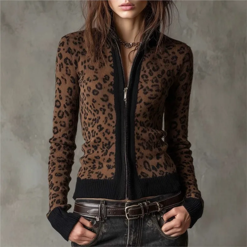 Women's Cardigan Leopard Print Zip-Up Knit Slim Fit Long Sleeve Sweater Jacket Fall Winter Y2K Streetwear 2026 Women's Clothing