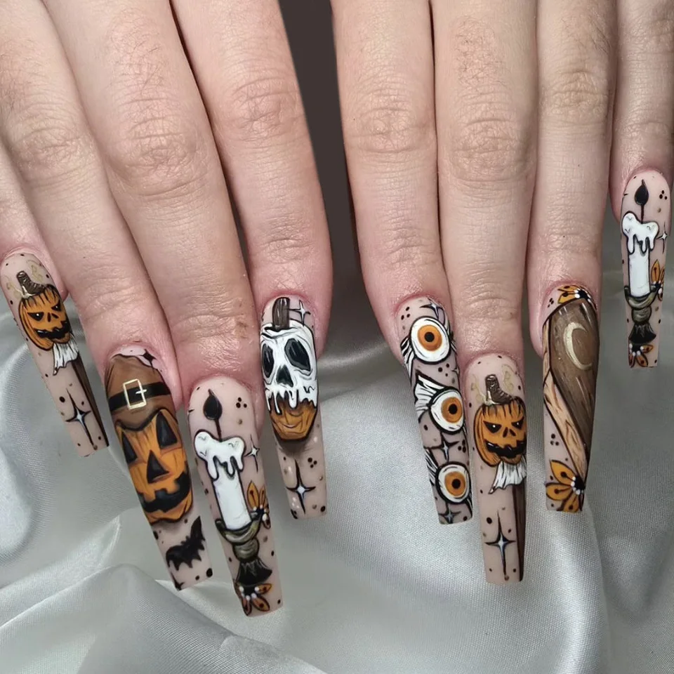 Uñas postizas largas de ballet para Halloween 2025, diseño de novia zombie, fantasma, calabaza, uñas falsas reutilizables 2