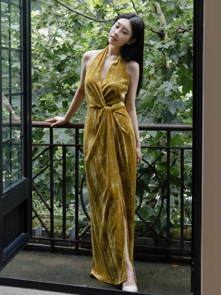 

Желтое вечернее платье без рукавов для помолвки, длинная юбка, полиэстер