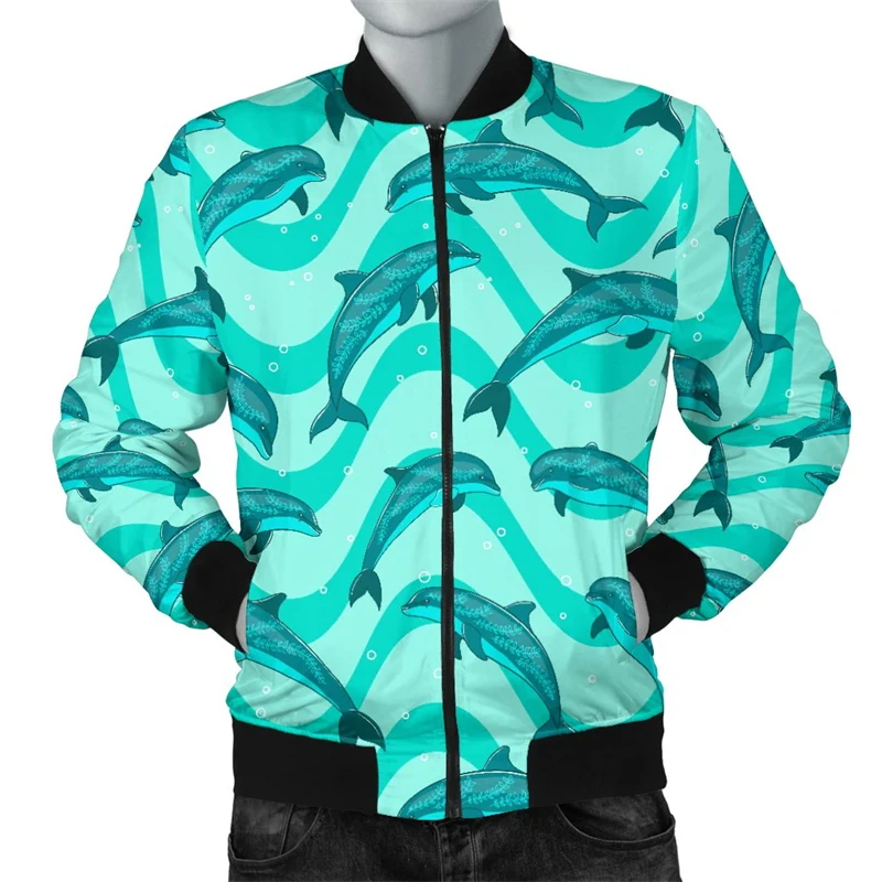 New Cute Dolphin Graphic 3D Printed Jacket Men Women Fashion Hip Pop Zip Up Bomber Jacket Casual Autumn Winter Coat Men Clothing