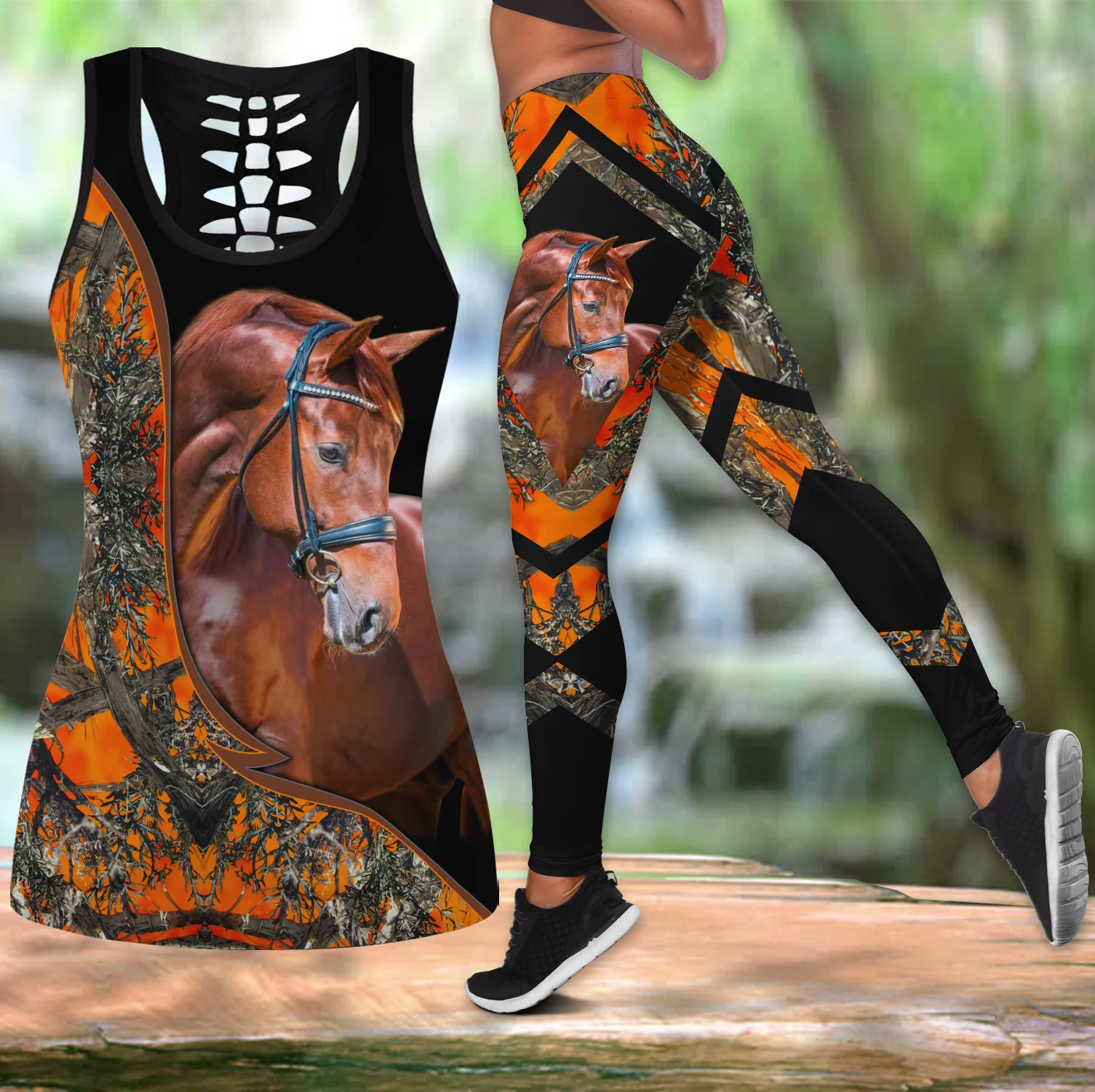 Hermoso caballo de amor 3D completamente estampado hueco camiseta sin mangas y Leggings conjunto Fitness mujer mallas de longitud completa pantalones para correr DDK93