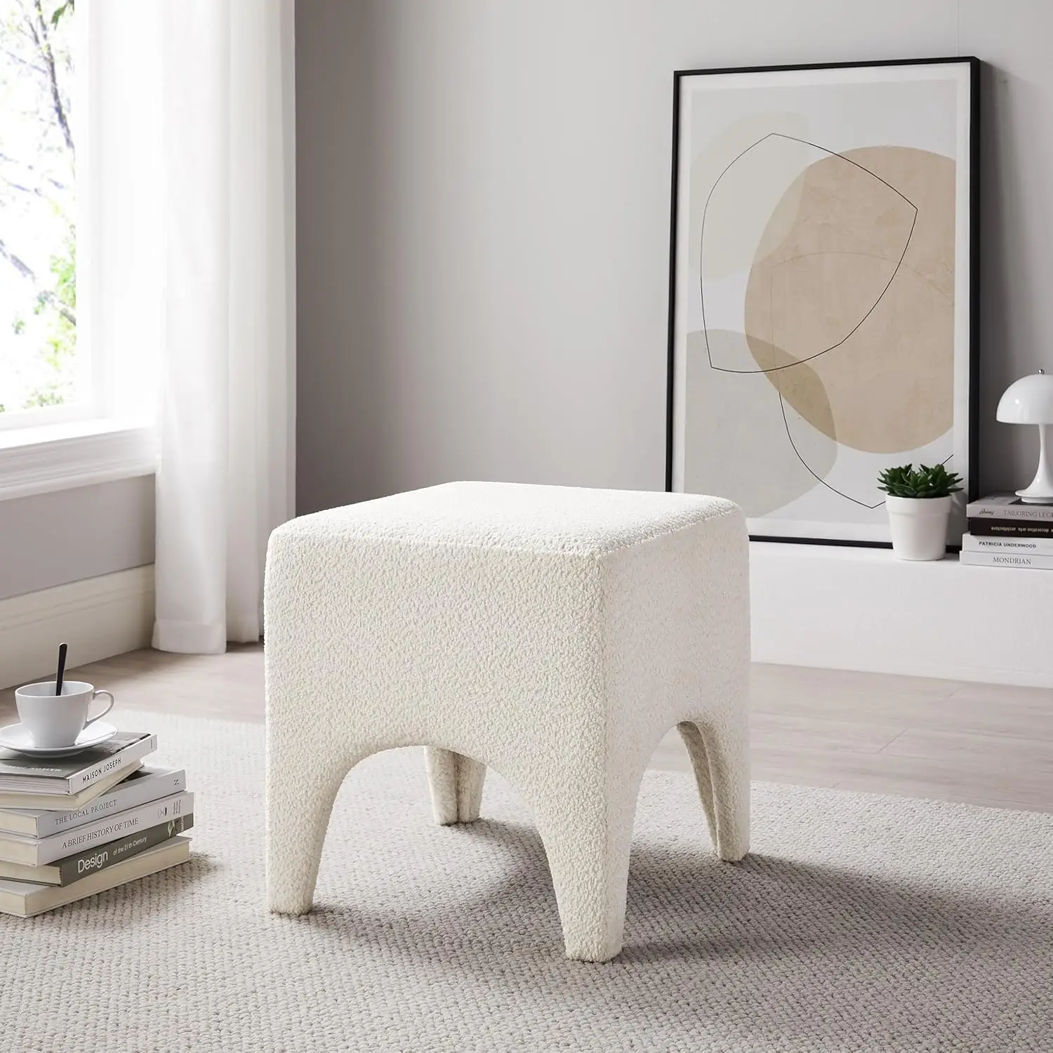 

17"" Boucle Modern Square Foot Stool Ottoman, Vanity Stool For Makeup, Rec Foot Rest For Couch, Upholstered Ottoman Stool For