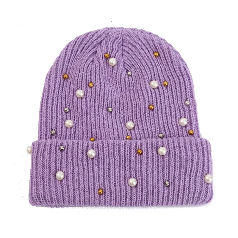 Women's Winter Faux Pearl Embellished Knit Beanie Hat, Soft Warm Stretchy Cuffed Cap for Daily Party Wear 55-60cm