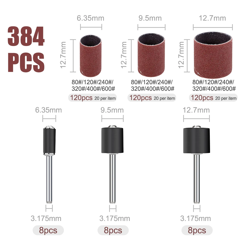 XCAN 384pcs Sanding Drums Kit 80-600 Grit Sanding Bands Sleeves with Drum Mandrels for Dremel Nail Drill Rotary Abrasive Tools