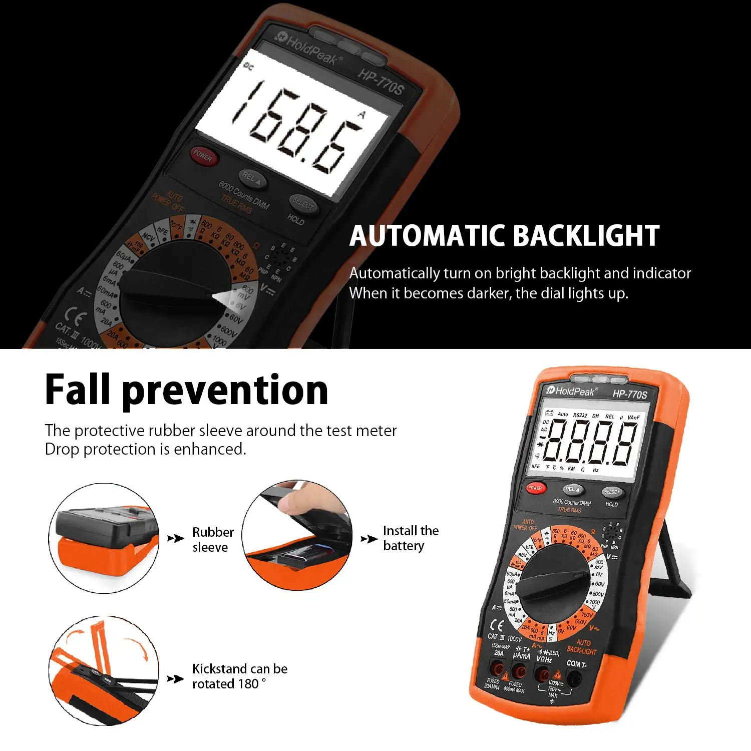 Imagem -03 - Holdpeak Multímetro Digital Hp770s 6000 Contagens Manual Variando Medida com Precisão para ac dc Tensão Tester Ncv Resistência