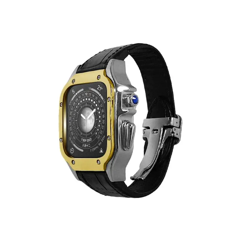 Relógio de luxo de aço inoxidável galvanizado ouro real multi-cor com pulseira de couro kit de modificação para apple watch case