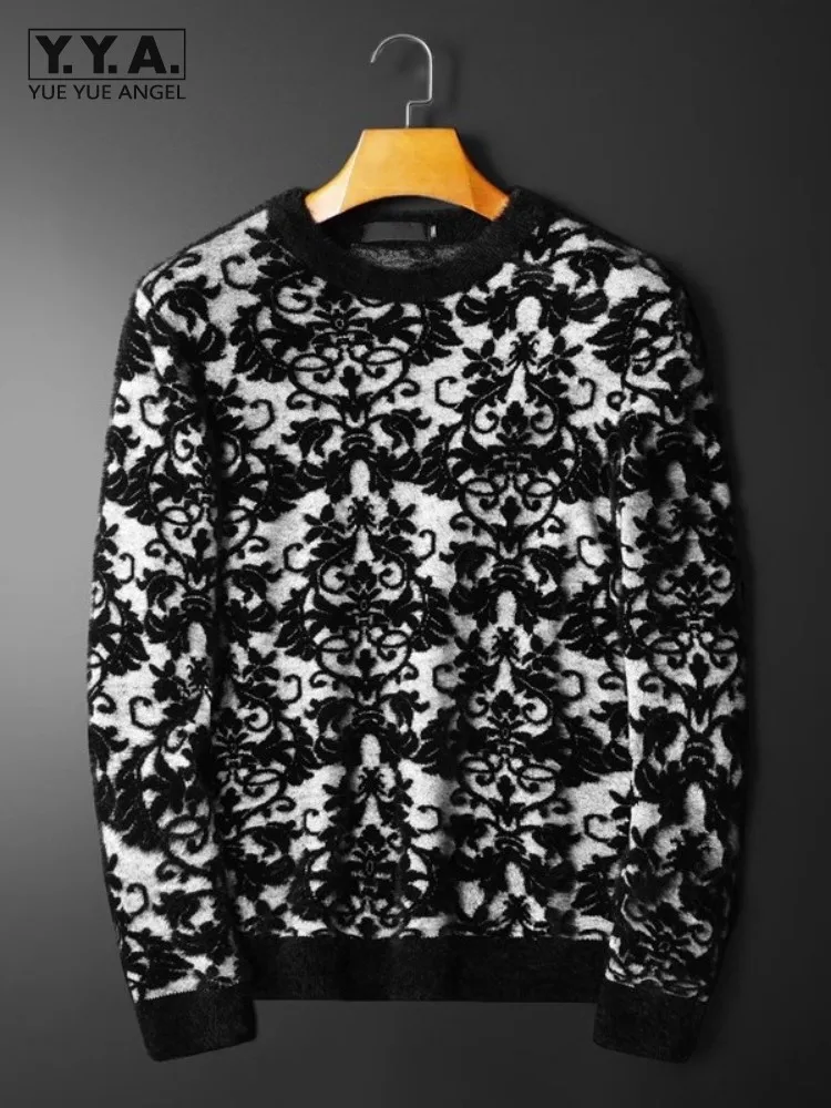 

New Mens Casual Pullover Sweater Autumn Winter O-Neck Long Sleeve Woolen Warm Knitted Top Fashion Flower Pattern Mens Knitwear