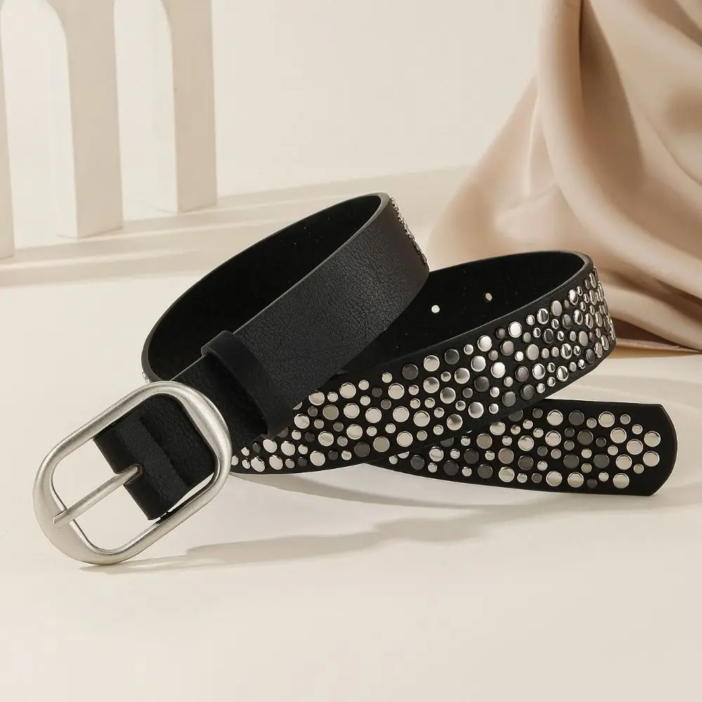 Trend Alloy Buckle Women's Belt Rivet Decoration Pu Leather Casual Waist Belt Punk Style Needle Buckle Belt Pants Decoration