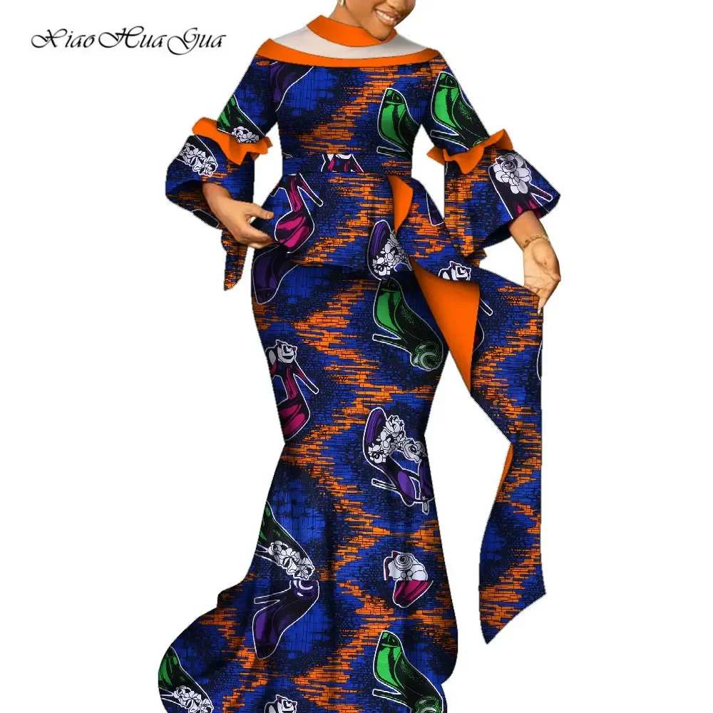 African Two Piece Set for Women Traditional Ankara Dashiki Flare Sleeve Top and Long Skirt Suits Dress Party Clothing WY9603