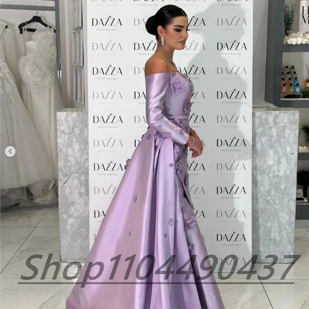 تخصيص الخزامى الساتان قارب الرقبة ألف خط فستان سهرة رسمي واتو قطار زهرة يزين طول الأرض فساتين حفلات الحفلات