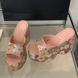 Liyke Sexy 13CM Super High Heels Wedges Slippers For Woman Pink Sequined Thick Bottom Open Toe Party Dress Shoes Platform Sandal