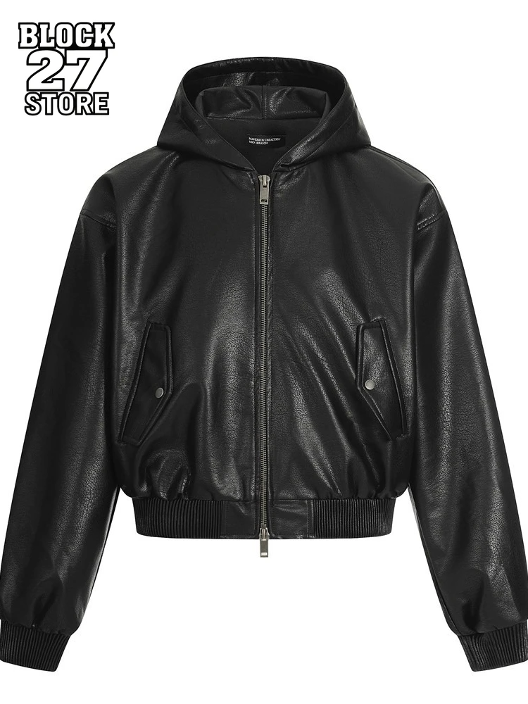 

Mens Jacket Streetwear Black PU Leather Hooded Biker Jacket Double Zipper Design Loose Fit Retro Punk Autumn Winter Fashion New