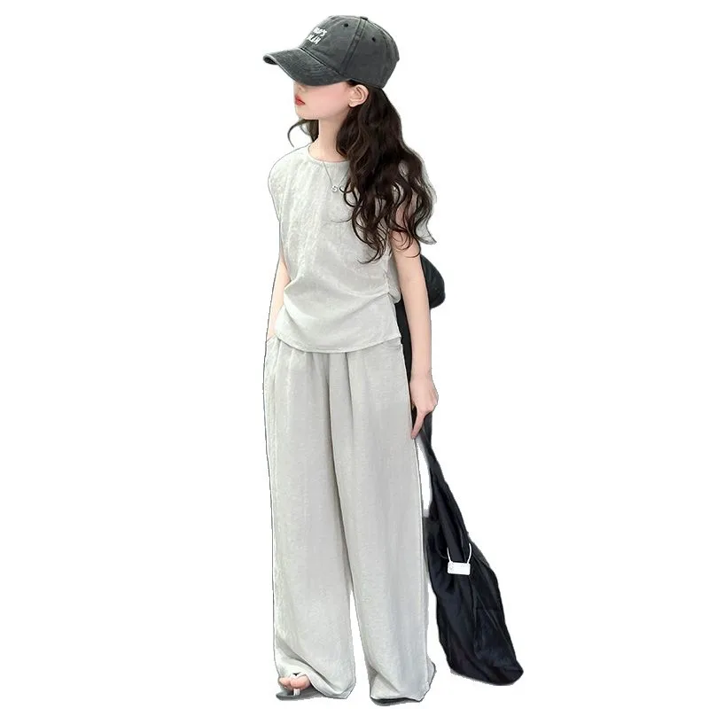 2026 summer girls Clothes Child set sleeveless Suit Teen solid t shirt crop top casual + straight loose pants 4 8 10 12 14 years