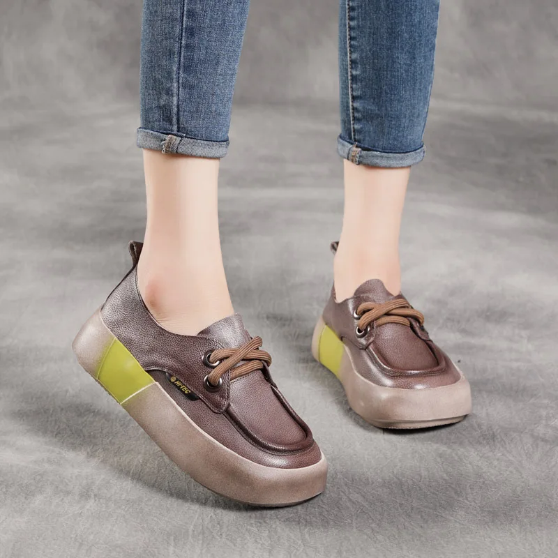 Jishu 2022 Spring Leather round Head Casual  Thick Bottom Color Matching Pumps First Layer Cowhide Soft Bottom Soft Surface