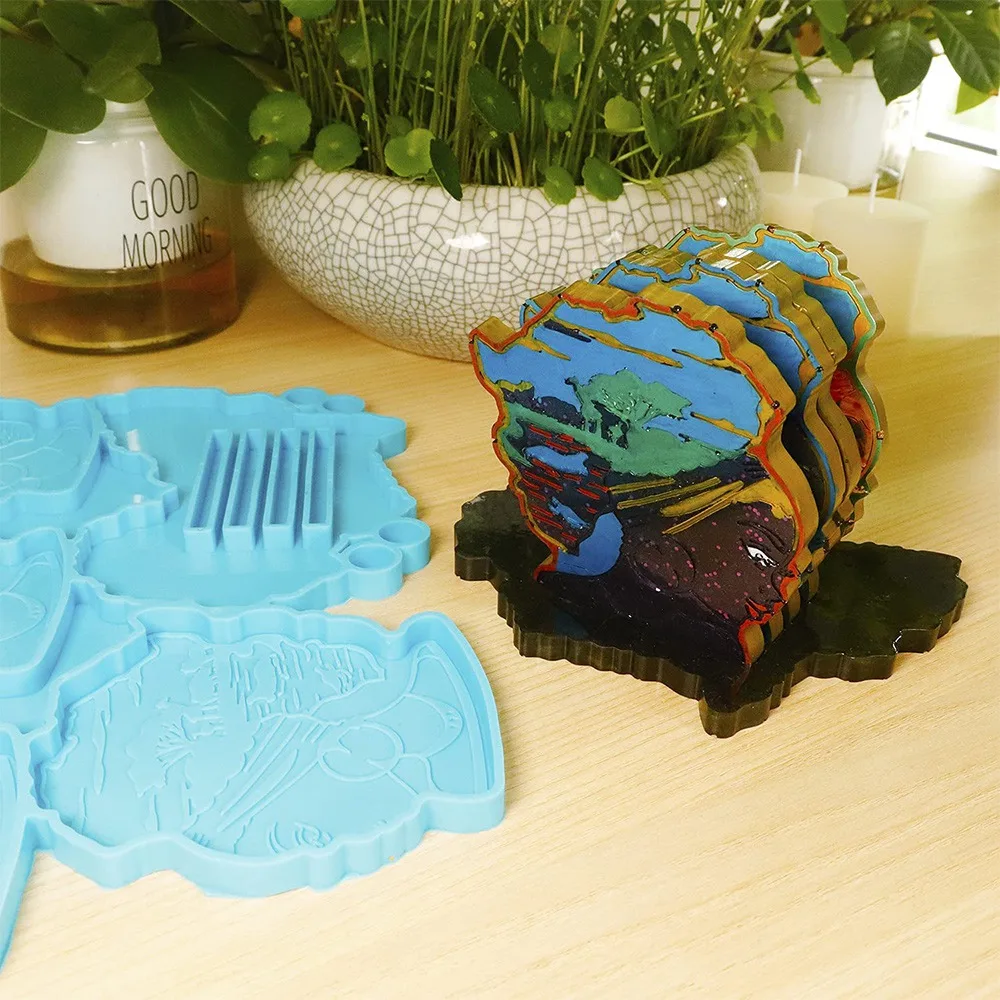 Afro Female Coaster Resin Molds, 4 Cavity Coaster Silicone Molds, Storage Stand Molds for Cups Mats, Home Decoration