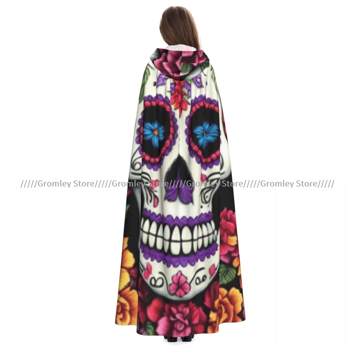 

Dia De Los Muertos Traditional Calavera Sugar Skull Witch Cloak Hooded Cosplay Costume Halloween Adult Long Party Cape