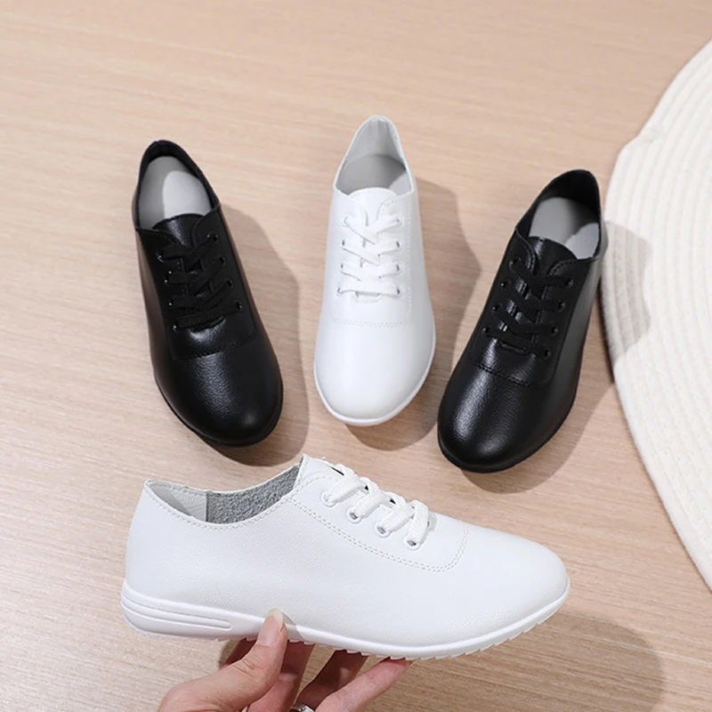 Women Flat Shoes Comfortable Walking Shoes Soft-sole Moccasins Spring White Shoes Black Lace-up Casual Women Sneakers WSH5725 view 5
