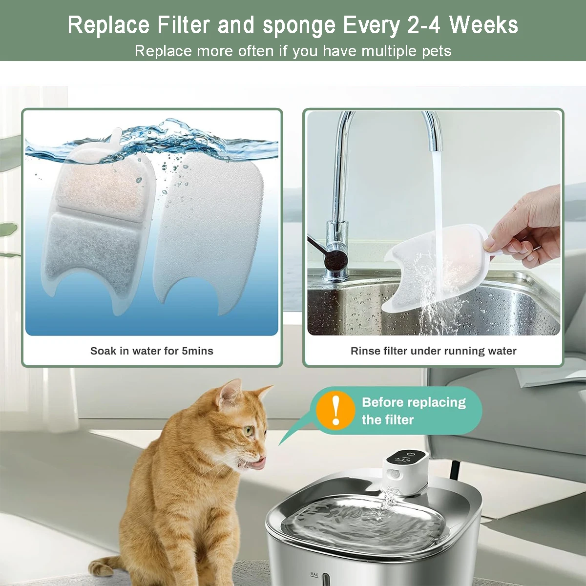 Replacement Filters +Sponges Replacement Pet Water Fountain Filter for 4L Wilreless Stainless Steel Cat Drinking Water Dispenser