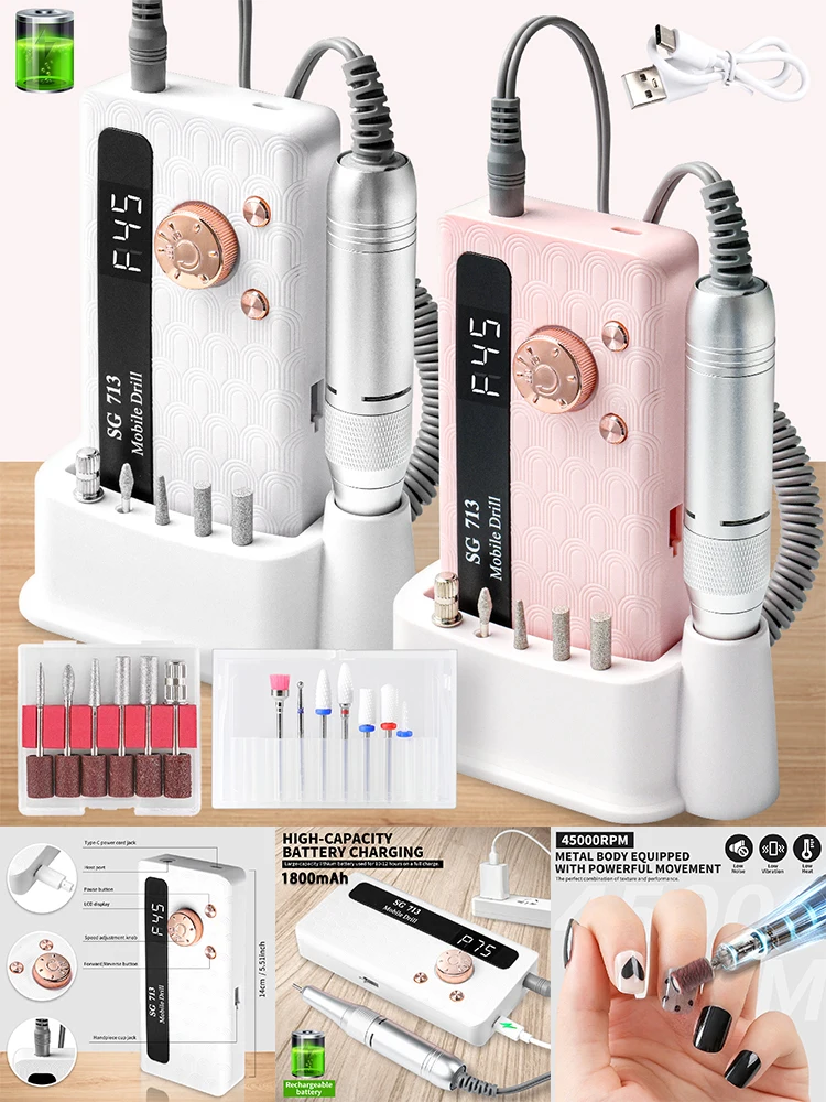 35000/45000 RPM Oplaadbare Nagelboormachine Professionele Draagbare Elektrische Manicure Bestand voor Nagels Gel Polish Verwijderen Slijpen - afbeelding 2