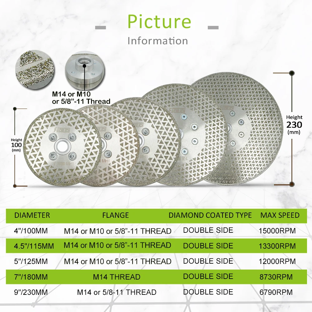 Fachlip hoja de sierra de diamante electrochapada, placa de molienda, disco de corte de doble cara, granito, mármol, mampostería, 4 \