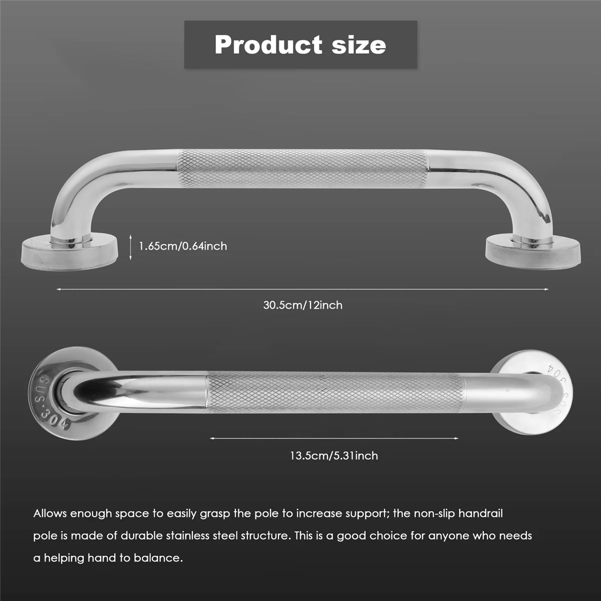 12-Inch Non-Slip Shower Grab Bar Chrome-Plated Stainless Steel Bathroom Grab Bar with Textured Handle