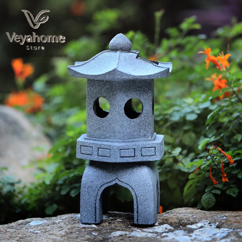 Small hexagonal solar palace lamp garden villa courtyard decoration resin handicraft ornament Japanese retro