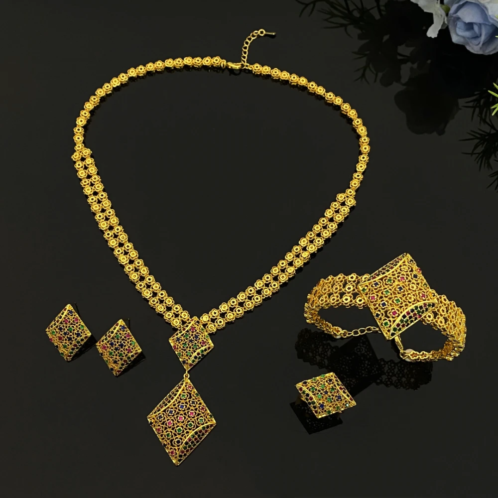 

JRH Daily Wear Gold Plated Brass Zircon Jewelry Set Matching Necklace Earrings Bracelet Ring for Women Minimalist Dainty Jewelry