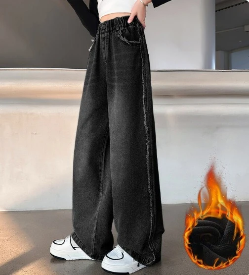 

Джинсы с эластичной резинкой на талии для девочек, зимние широкие брюки на флисовой подкладке, свободные универсальные школьные брюки для подростков, прямые широкие повседневные брюки