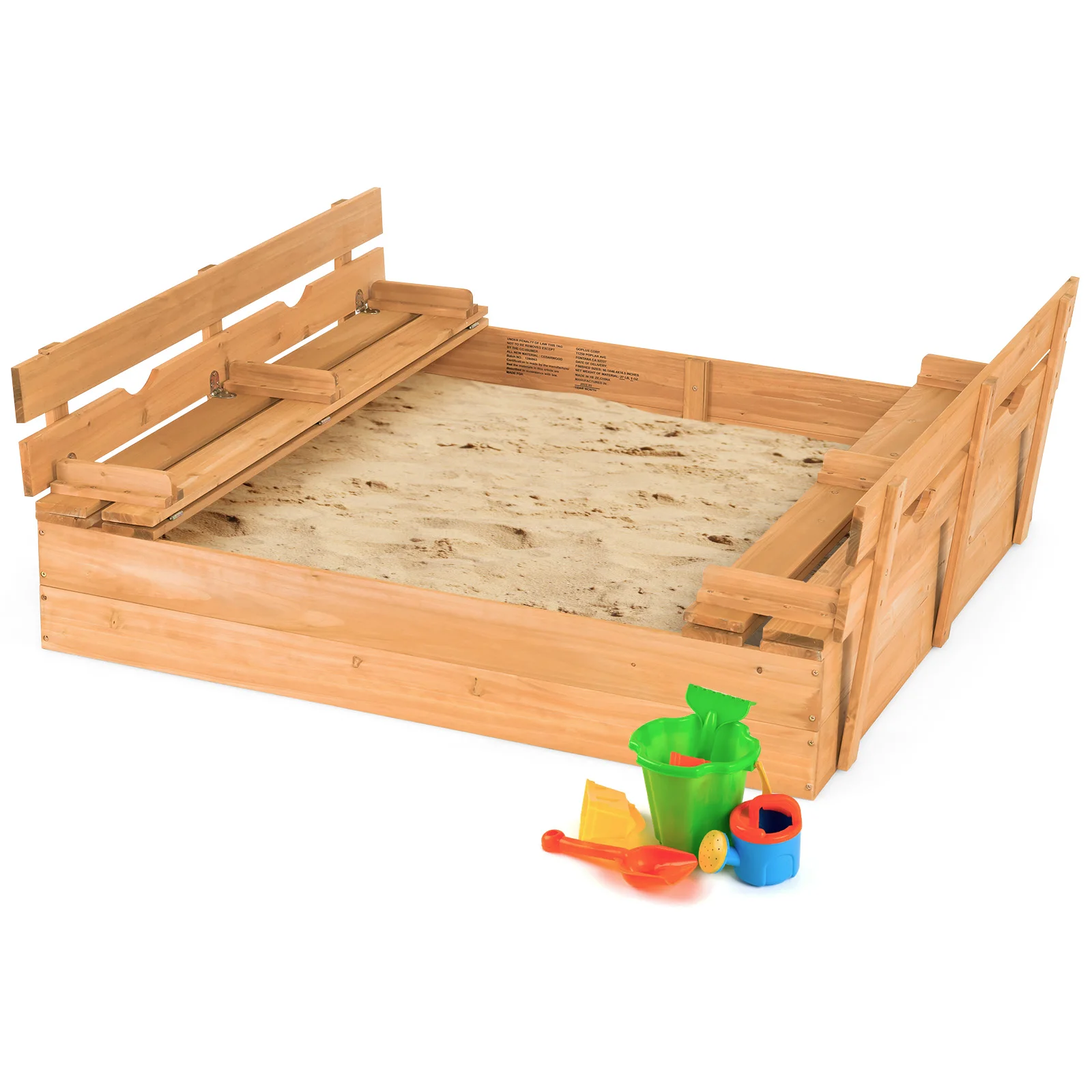 

Kids Large Wooden Sandbox w/ Cover 2 Convertible Bench Seats for Outdoor Play