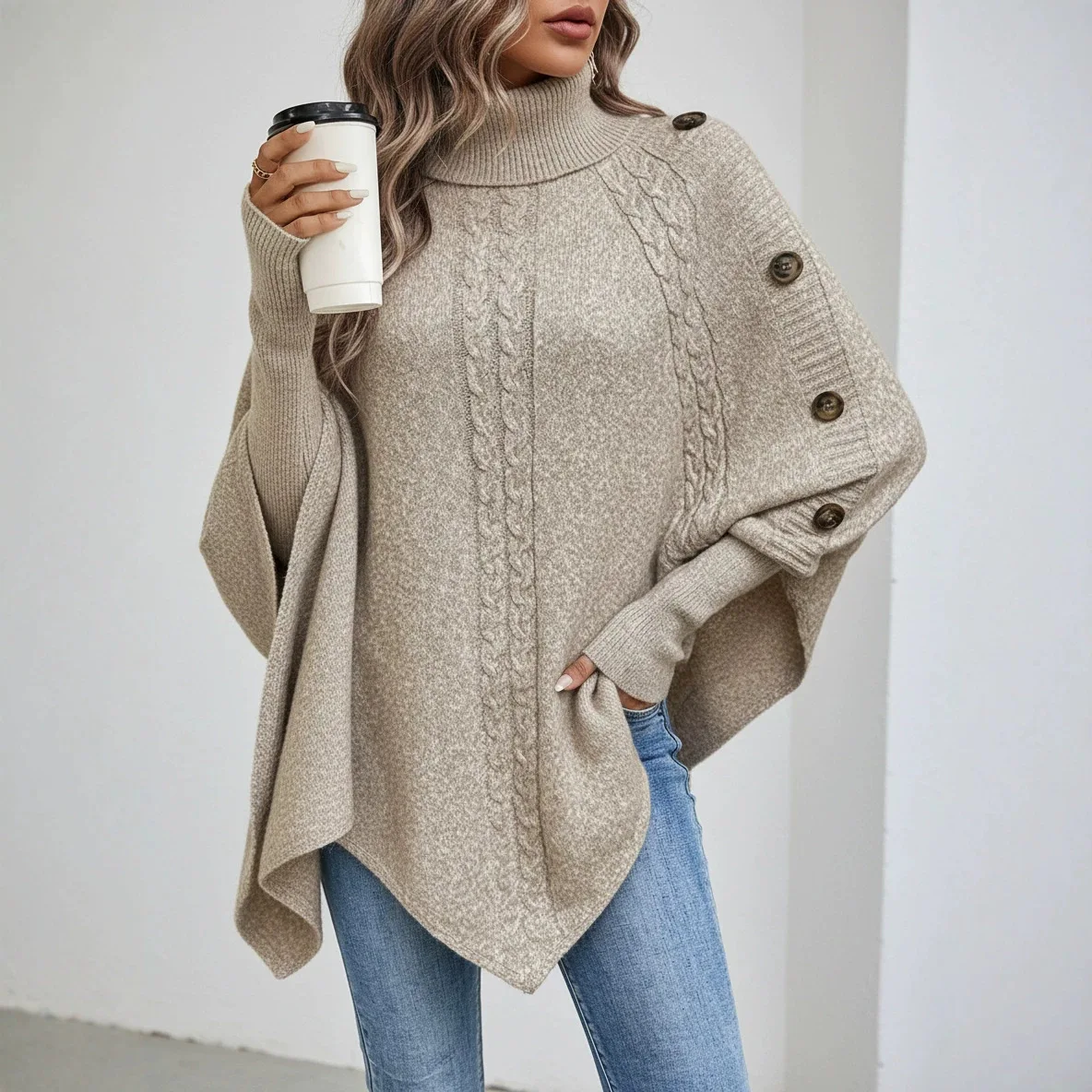 Chic Autumn/winter Twisted Sweater for Women Fashion High-neck Button Decoration Jumpers Long-sleeve Bat Shirt Y2K