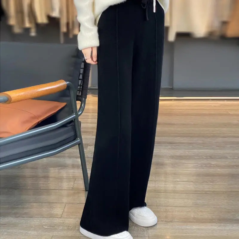 Pantaloni a gamba larga autunno inverno da donna tubo dritto elastico a vita alta con coulisse pantaloni Casual in lana pantaloni lunghi fino al