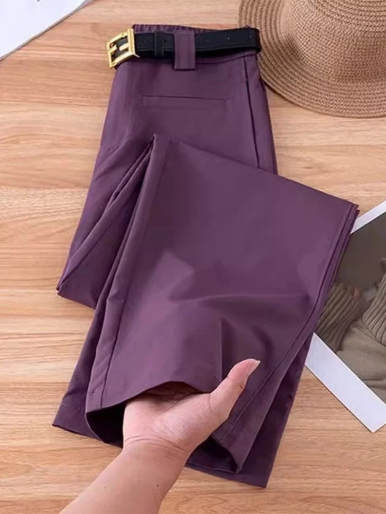 

Фиолетовые приталенные брюки прямого кроя с драпировкой, повседневные женские брюки с высокой талией, с декоративными карманами, для офиса, в корейском стиле