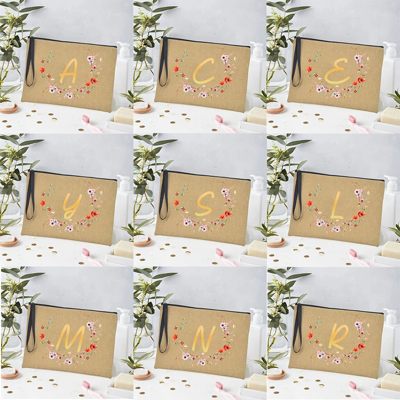 A-Z Flowers Pattern Zipper Linen Makeup Bag Bachelorette Party Gift Travel Lipstick Cosmetics Cases Wedding Souvenir Pencil Case