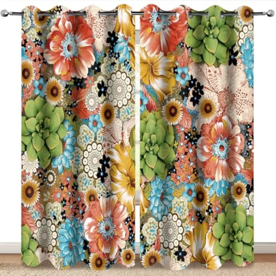 Boho Flower Floral Blackout Curtains Bohemian Colorful Flowers Summer Decor for Women Girls Bedroom Study Classroom Living Room