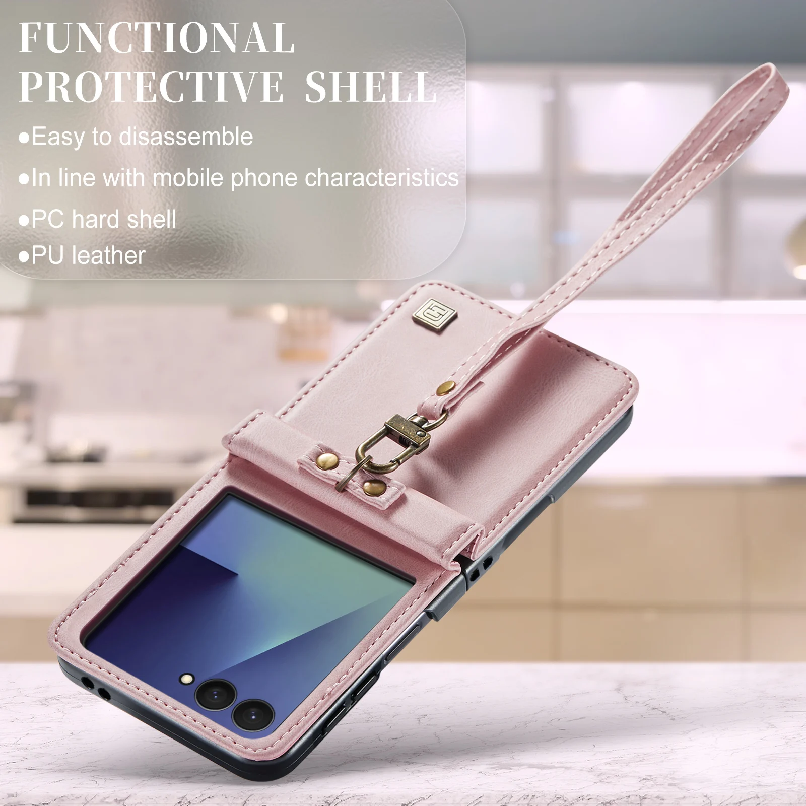 Retro Wrist Strap Leather Phone Case for Samsung Galaxy Z Flip 8 7 FE 6 5 4 Shockproof Comfortable Grip Slim Fit Portable Cover view 3