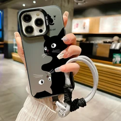 Cartoon Black Cat Lanyard Strap Phone Case For Samsung Galaxy A13 A23 A15 A35 A55 S24 S23 S22 S21 Ultra Plus S20 FE Hard Cover