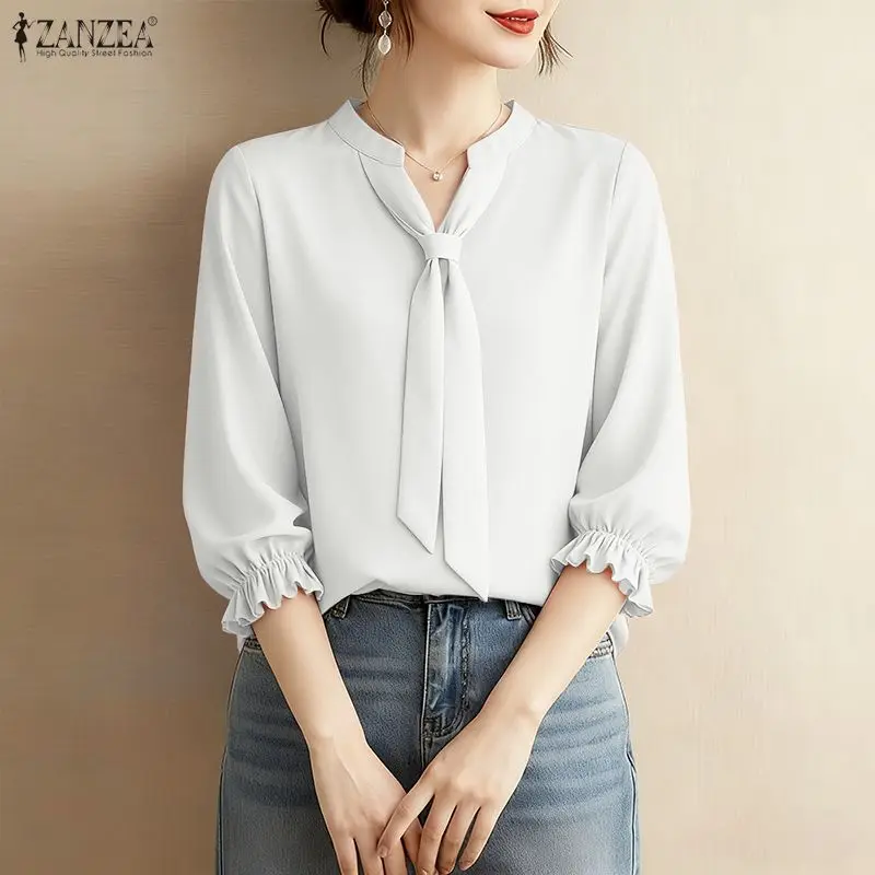 

Летняя однотонная офисная блузка ZANZEA 2026: стильный женский топ с V-образным вырезом и коротким рукавом, элегантная повседневная рубашка, праздничная туника для женщин