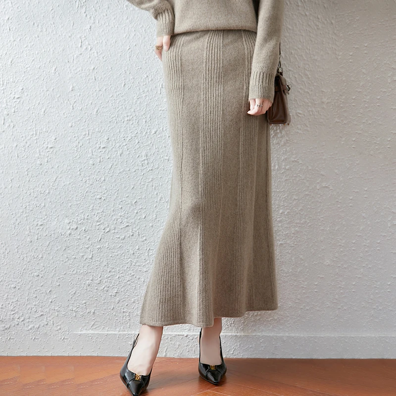 Hot 100% Cashmere Autumn/Winter New Cashmere Skirt Women A-Line Knitted One-Step Umbrella Thicken Hook Flower Solid