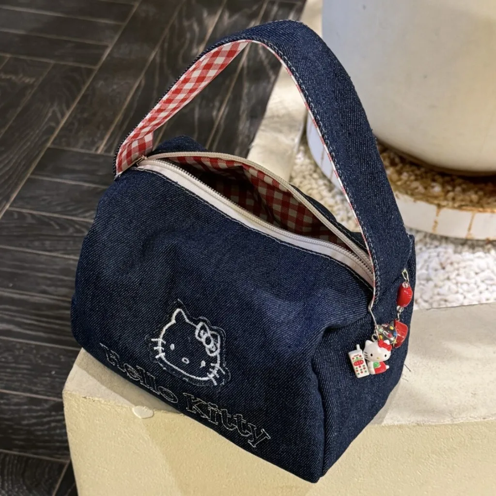 Sanrio Hello Kitty Embroidery Denim Cosmetic Bags Anime Handbags Cartoon Tote Large Capacity Clutch Bag Travel Organizer Satchel