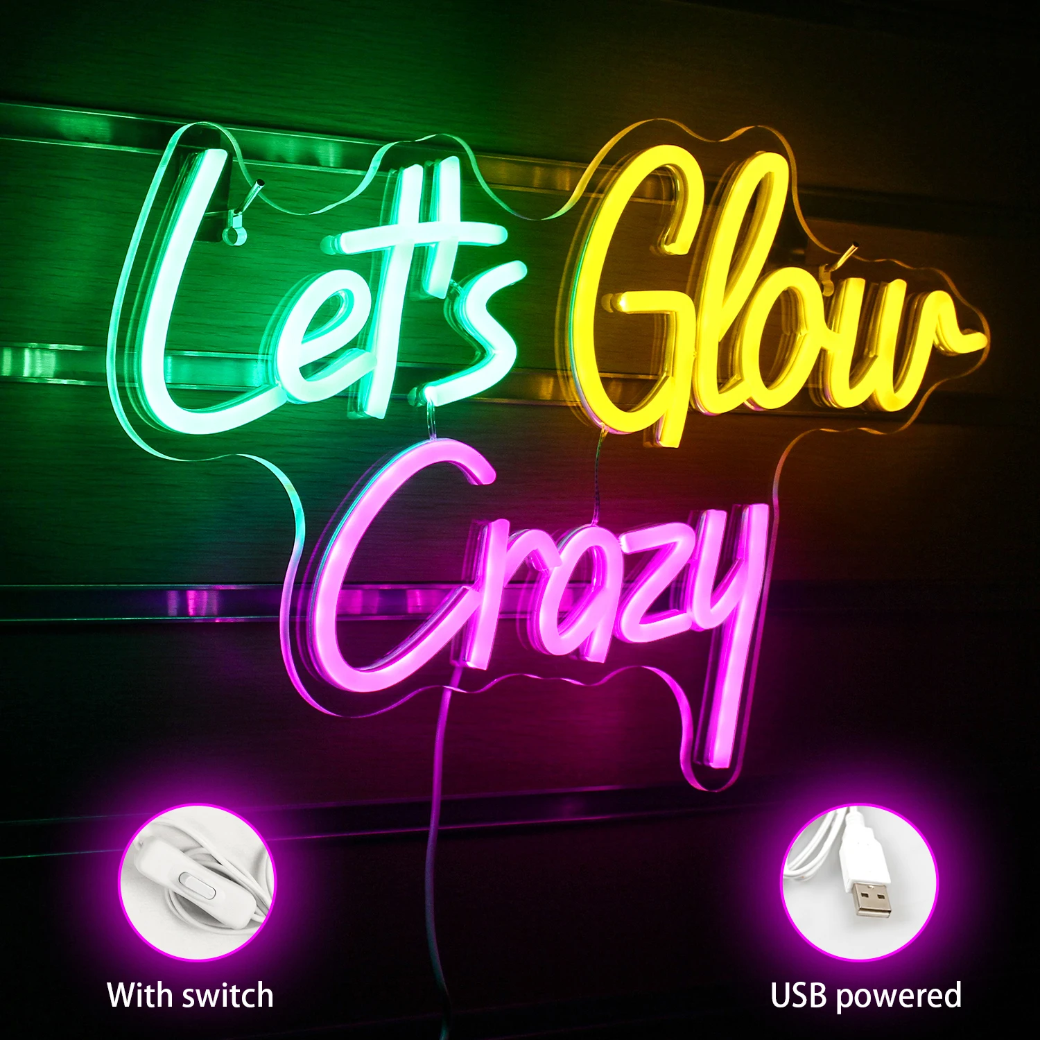 Светящиеся неоновые знаки Let's Glow Crazy для настенного декора, красочные светодиодные светильники, домашняя игра, украшение спальни, бара, дня рождения, вывеска, лампа