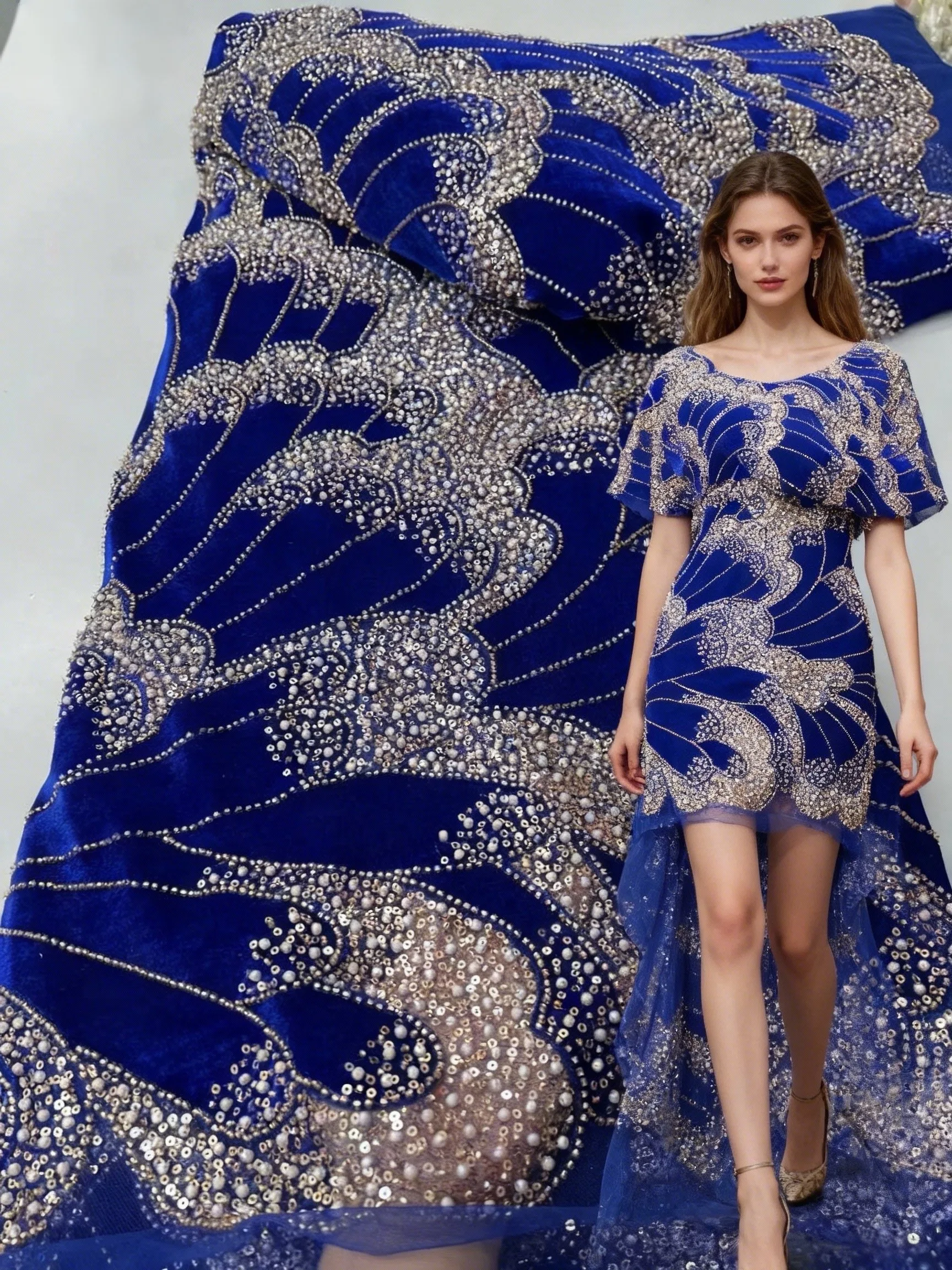 

French Net Velvet Lace Fabric African Sequins Lace 2026 High Quality Lace Nigeria Beaded Velvet For Women Evening Party Dresses