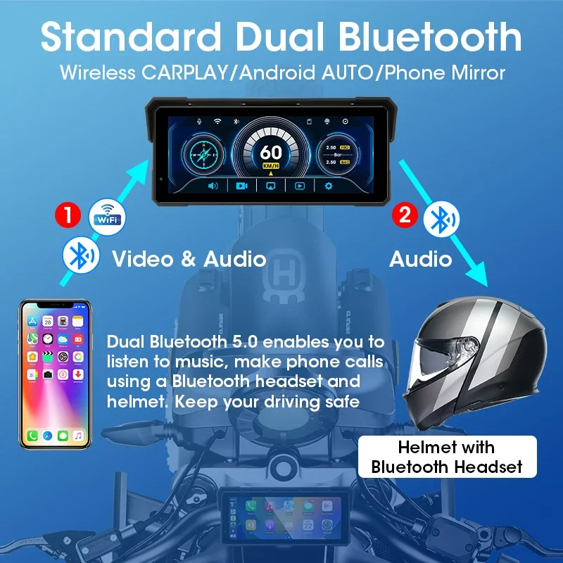 8.1 "دراجة نارية DVR 4K + 1080P نظام تحديد المواقع والملاحة اللاسلكية Carplay أندرويد السيارات IPX7 مقاوم للماء عرض محرك مسجل المزدوج بلوتوث