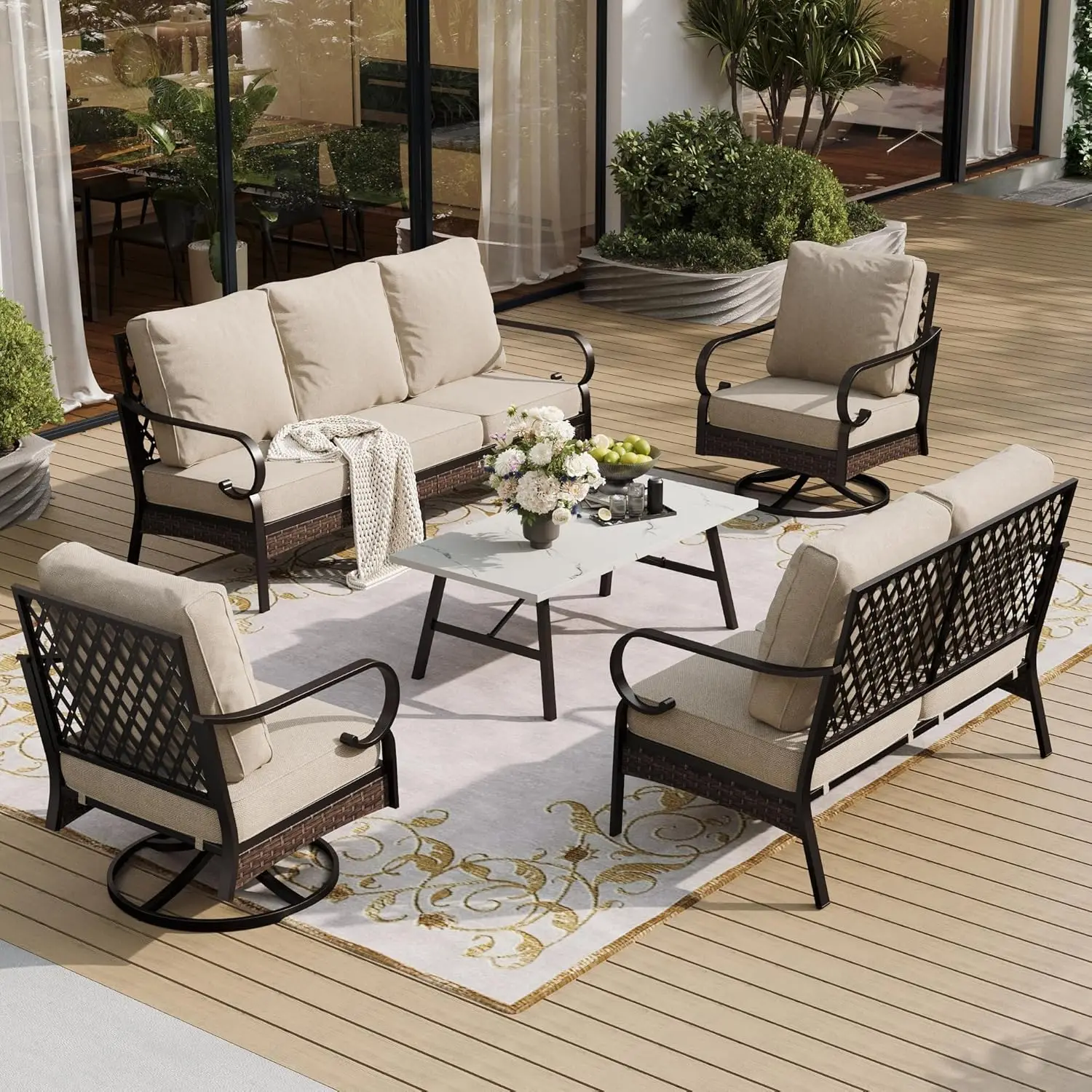 

Комплект садовой мебели из 5 предметов: 3-местный диван, 2-местный диван, 2 вращающихся кресла, индивидуальный дизайн