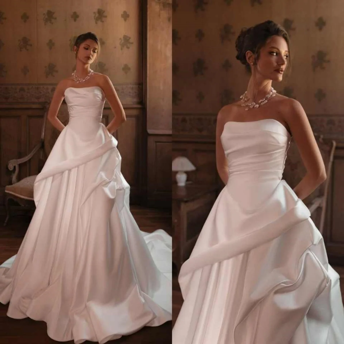 

Charming Wedding Dresses Sleeveless Strapless Pleated Satin A Line Bride Gown Sweep Train Customized Vestido De Novia