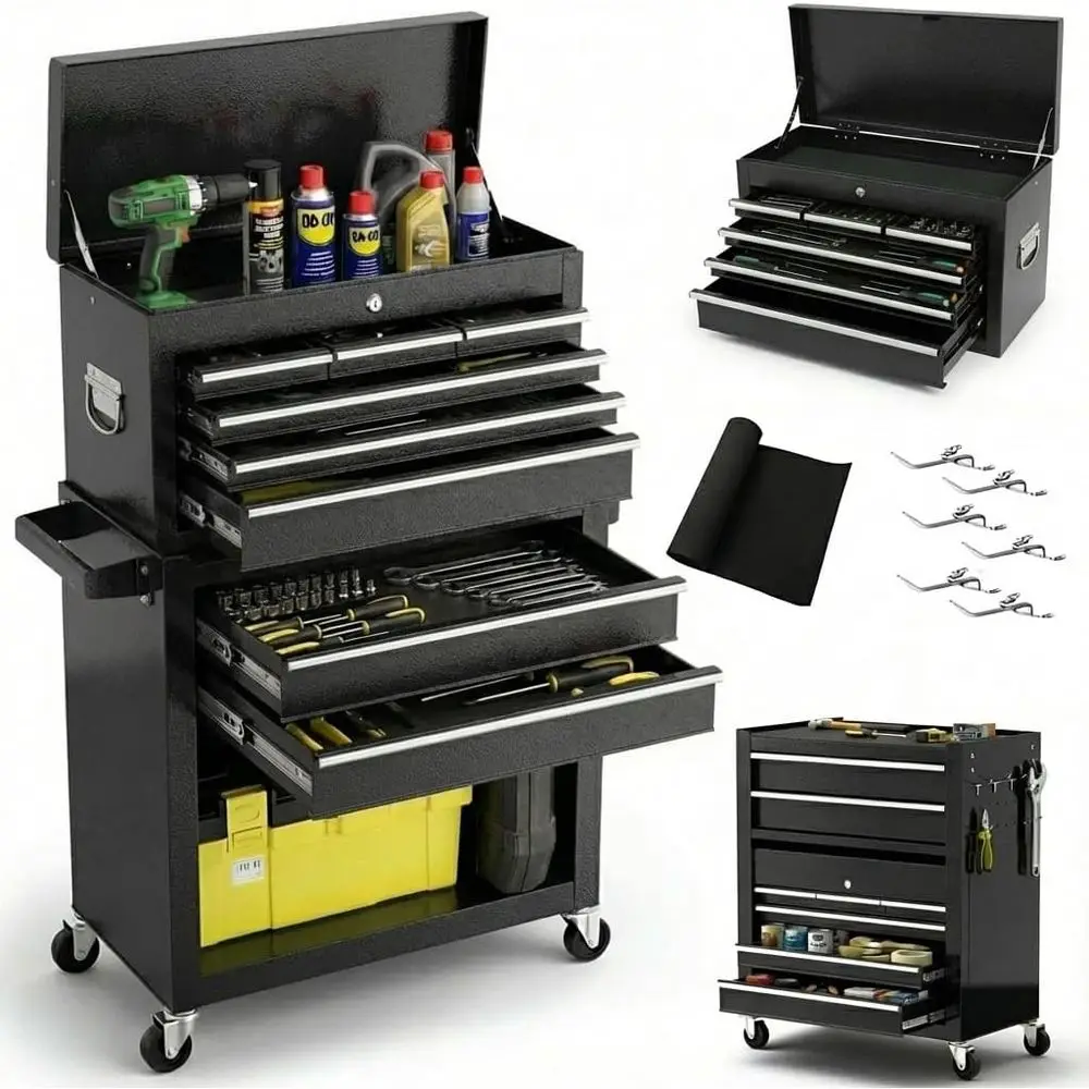 

8 Drawer Rolling Tool Chest, Heavy-Duty Metal Cabinet for Garage and Workshop, Lockable Top, Black